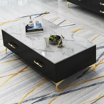 51.2" Rectangular Marble Top Coffee Table with 4 Storage Drawers Stainless Steel Legs